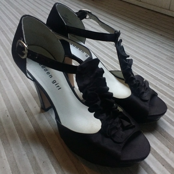 Madden Girl Shoes - Madden Girl "Setra" Satin Ruffle T-Strap Heels